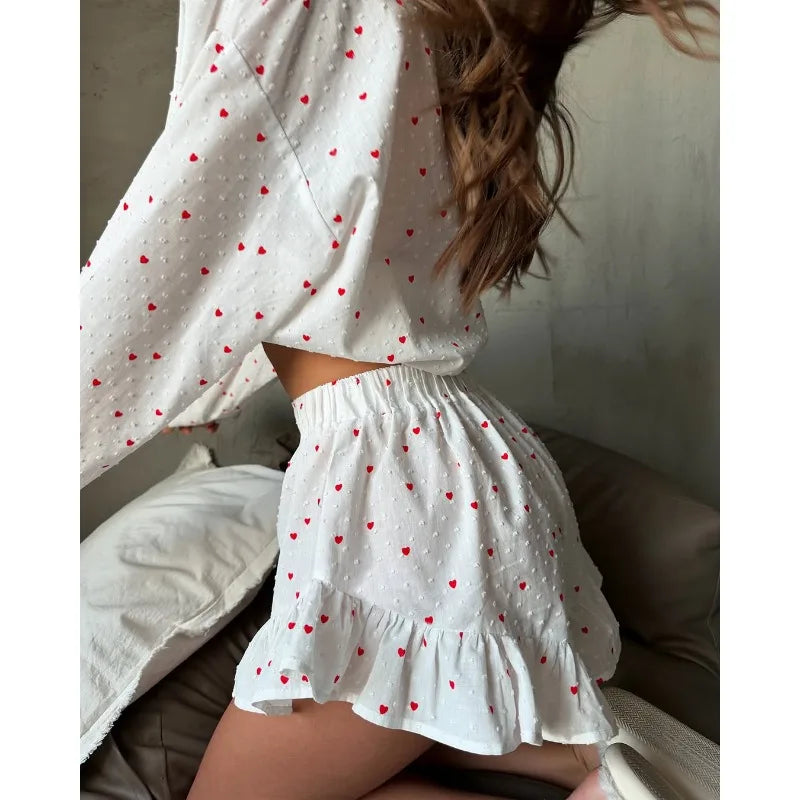 Women's Heart Print 2 Piece Lounge Wear Outfits Sleeve Lapel Neck Button Down Tops and Elastic Waist Shorts Pajamas 2026 New