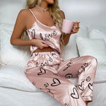 Ladies Heart Print Pajama Set Sexy V Neck Cami Top & Elastic Waistband Pants Pyjama 2 Pieces Women's Sleepwear & Loungewear Pjs
