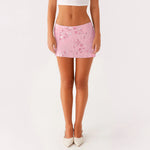 Women Sequin Mini Skirts Beaded Flower Y2k Pearl Embellished Low Rise Mini Bodycon Skirt Glitter Short Skirts Summer Streetwear