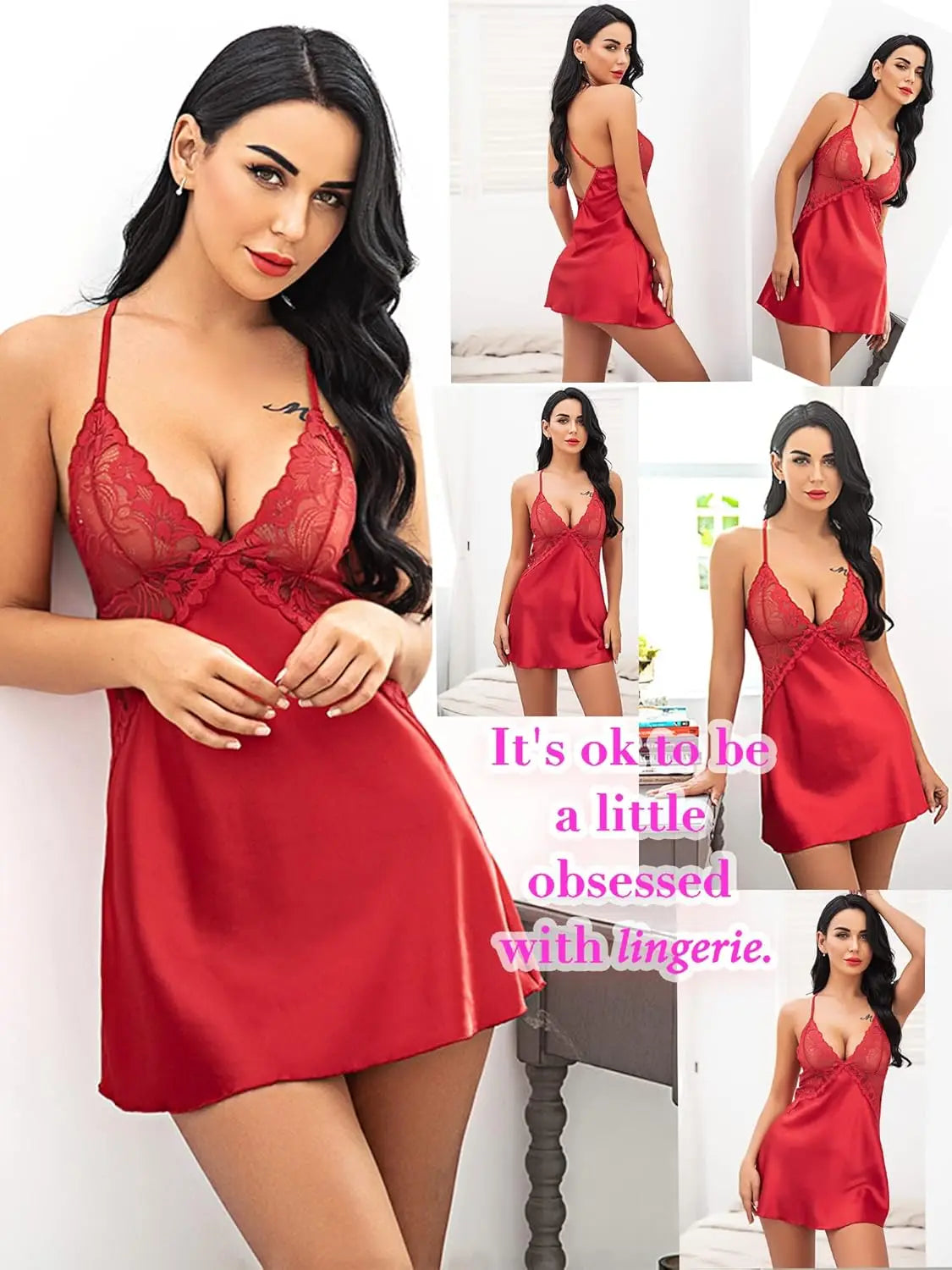 Women Sexy Satin Lace Nightdress Babydoll Lingerie V-Neck Sleeveless Sleepwear Pajama Dress