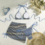 Sexy Drawstring Side Skirt 3 Piece Bikini Set Women Orange Striped Embroidered Print Swimwear High Waist Bathing Suit Swimsuit
