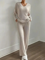 Autumn and Winter Casual V-neck Pocket Striped Knited Tops and Long Trousers Two-piece Sets, Women's Pajamas Set Sleepwear