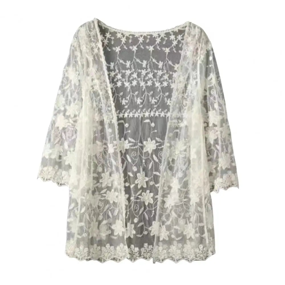 3/4 Sleeve Hollow Out Open Front Sheer Sweater Crochet Cardigan for Women Lightweight Boho Summer Beach Knit Shrug