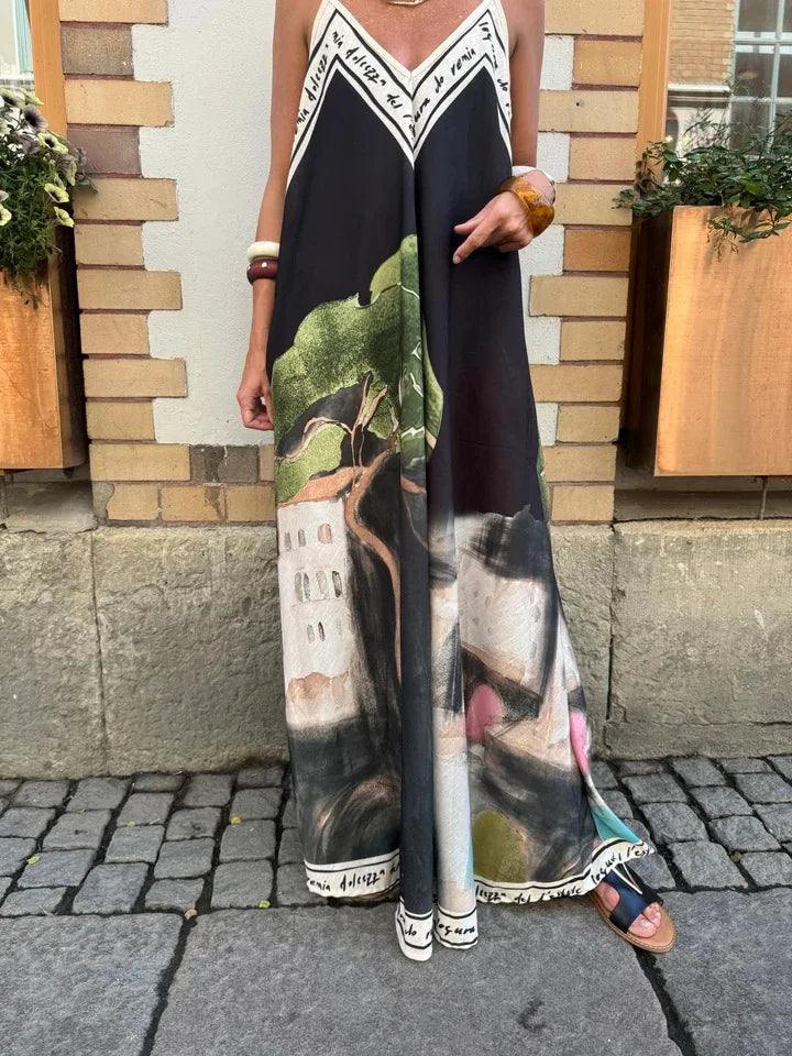 Casual Vacation Style Print Spaghetti Strap long Dresses Women Sexy V-neck Backless Loose Sleeveless Dress Female Summer New
