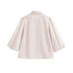 Women's Fashion Casual Bow Striped Shirt Striped Double Bow Tie Neck Button Down Blouse Sleeve Casual Shirt For Daily Wear WON6