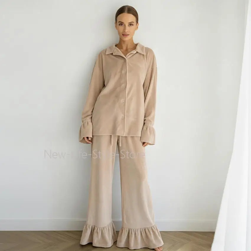 Women European Style Pajama Set Autumn Winter Skin Friendly Warm Comfortable Long Sleeve Pants Two Piece Ladies Sleepwear