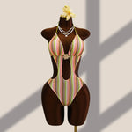 Vintage Black Striped One Piece Swimwear Women 2026 3D Metal Flower Hollow Out Backless Beach Holiday Bathing Suit Swimsuit