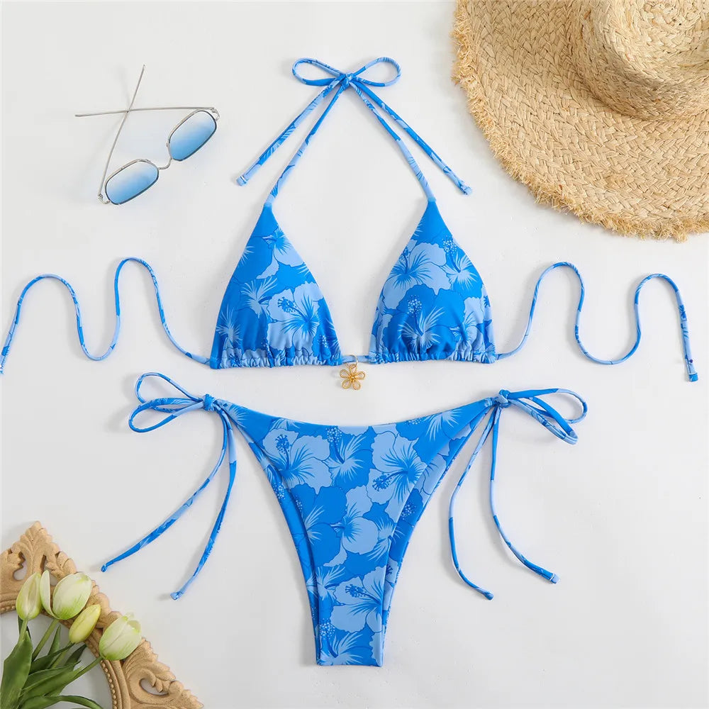 Sexy Rose Red Flower Print Micro Thong Bikini Women Swimwear 2026 String Halter Swimsuit Swimming Wear Triangle Bikinis Sets