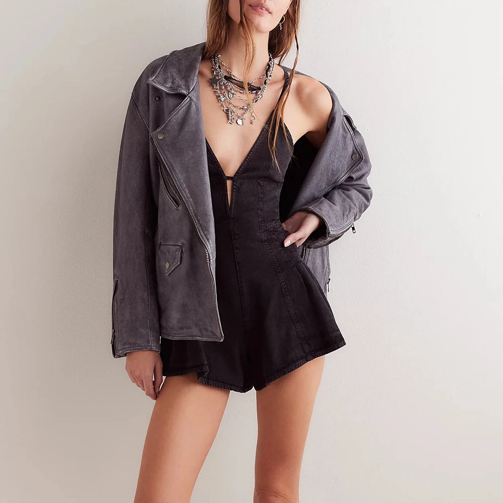 Combhasaki Women Summer Y2K Retro V-Neck Denim Shorts Jumpsuits Cross Tied Zip-up Backless Loose Wide Leg Playsuit Cute Rompers