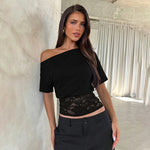 FDYOUI Sexy Chic Diagonal Collar Lace Patchwork T-shirts 2026 Women Short Sleeve Irregular Cropped T Shirt Lady Tunics Tops Tees