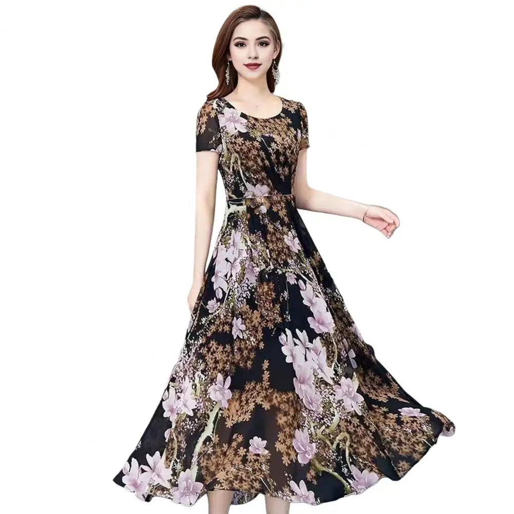 Summer Women Dress Floral Print A-line Big Hem High Waist Short Sleeves Round Neck Pleated Mid-calf Length Party Commute Dress