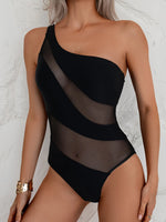 Sexy One Shoulder Swimwear Women 2026 Vintage Mesh Patchwork Transparent Tummy Control One Piece Swimsuit Beach Bathing Suits