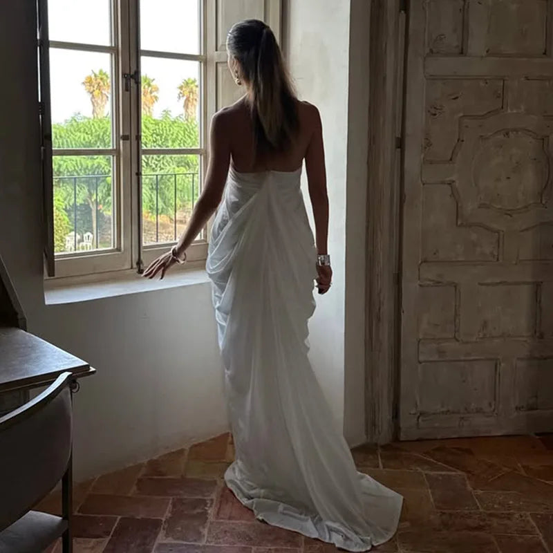 FDYOUI 2026 Summer Backless Ruched White Long Maxi Dress for Woman Elegant Sexy Halter Sleeveless Loose Evening Party Dresses