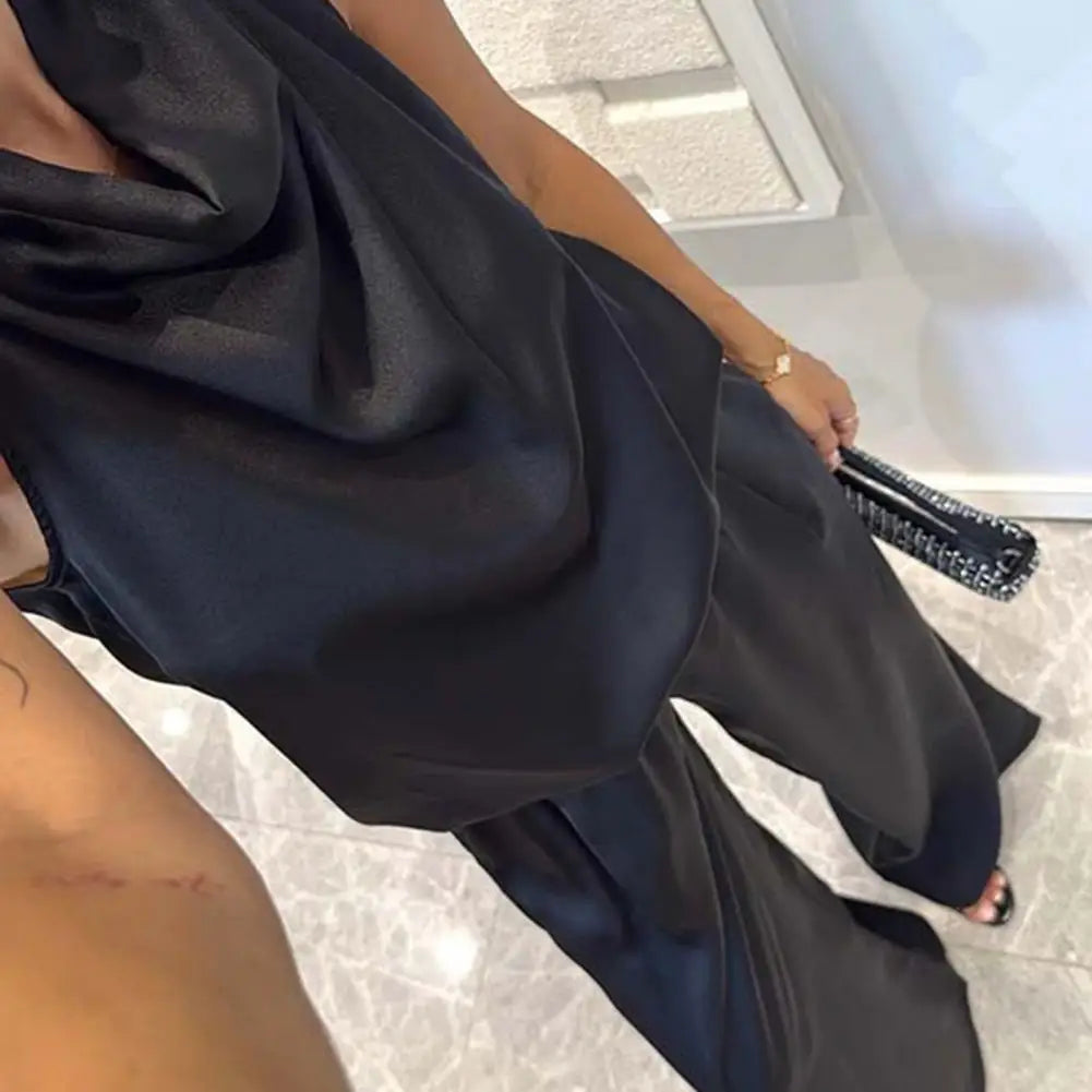 Women 2 Piece Satin Outfits Halter Neck Sleeveless Top And Wide Leg Pants Set Casual Vocation Lounge Set