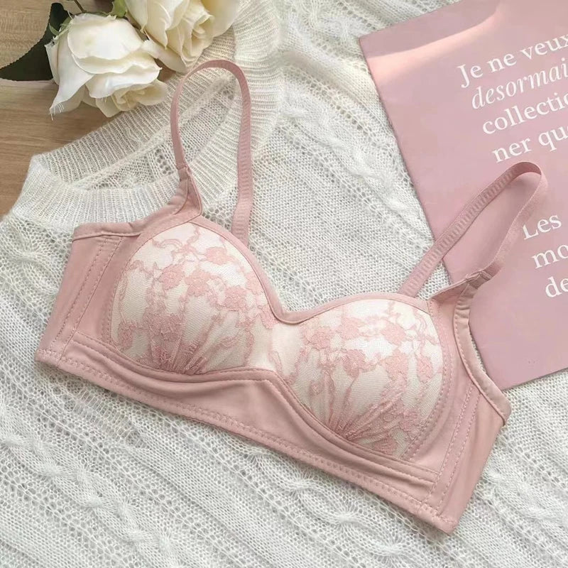 Summer Lace Half Cup Bra Small Bust Beachwear Gathering Light Support Pure Bralette Ultra Thin Wirefree Set AU MOYISU S-XL-32-38