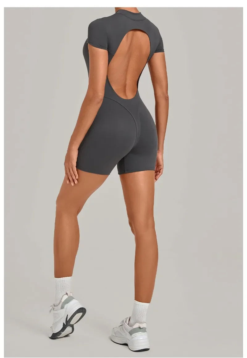 Women's Seamless Yoga Jumpsuits Fitness Sports Hip-lifting Backless Short-sleeved Training Gym Workout Shorts One-piece