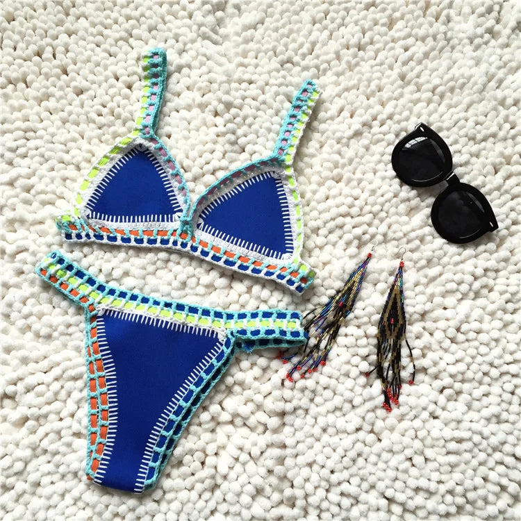 Bikini Crochet 2026 Handmade Knit Patchwork Reversible 2 Piece Swimsuit Women Halter Top Brazilian Bathing Suit Thong Swimwear