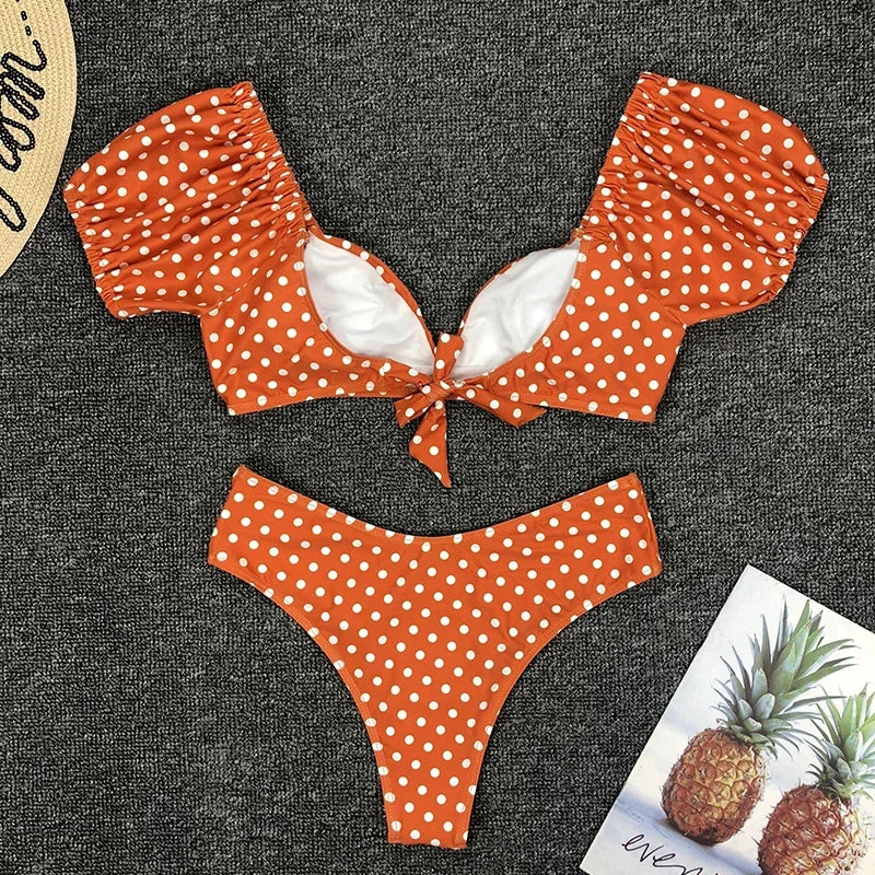 Sexy V Neck Short Sleeve Bikinis Polka Dot Bikini Female Swimsuit Women Swimwear Two-pieces Bikini Set Bather Bathing Suit Swim