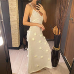 Elegant 3d Flower Knitted Dresses For Women V-neck Backless Sleeveless Lace Up Female Maxi Dress Summer Lady Beach Dress V6211