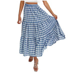 2026 Summer Vintage Checkered Maxi Skirt Women High Waisted Elastic Plaid Ruffle Long Skirts Retro Sweet Cake ALine Skirts