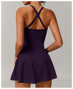 Summer Tennis Dress Women Sleeveless V Neck Slim Skirt Pleate Twisted Design Crossed Hollow Out Sports Yoga Golf Skirt Badminton