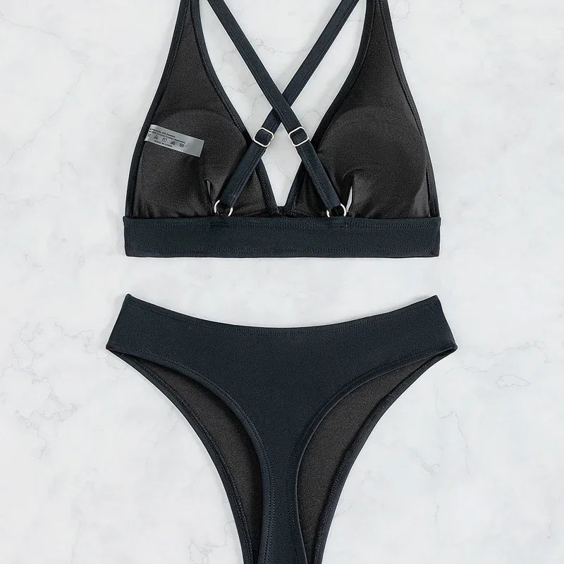 Solid Color Black Swimsuit for Women 2026 Summer High Waist 2-piece Bikini Set Beach Bathing Suit Bandage Vacation Swimwear