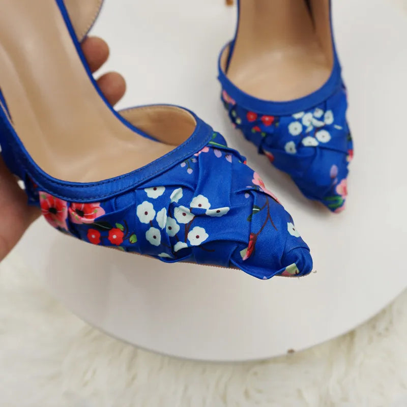 NoEnName_Null-Blue satin women's high heel sandals, dance, flowers, Silk patterned high-heeled shoes 12cmBanquet shoes