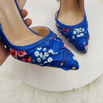 NoEnName_Null-Blue satin women's high heel sandals, dance, flowers, Silk patterned high-heeled shoes 12cmBanquet shoes