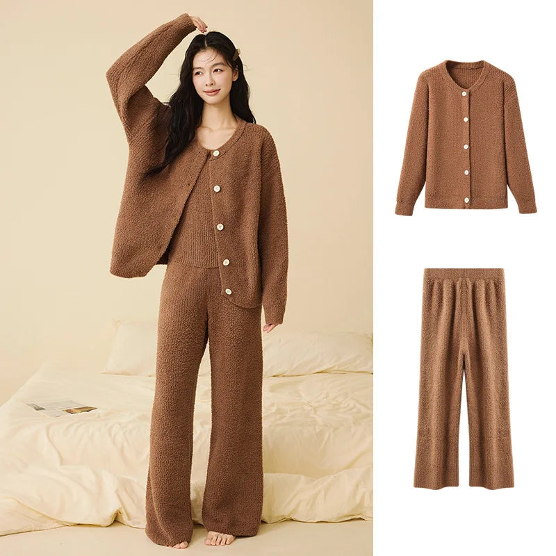 Women Autumn Winter Korean Style 3 Piece Camisole Pajama Set New Soft Half Velvet Elegant Wearable Outside Loungewear Sleepwear