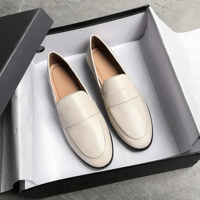 Retro British Style Women Leather Shoes Autumn Flat Casual Loafers Fashion Slip on Round Toe Office Work Shoes Zapatillas Mujer