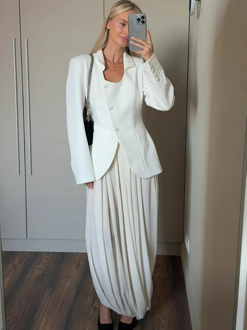FDYOUI Elegant Solid Color Pleated Skirts for Women 2026 Chic High Slit Long Skirt High Street Office Lady Vacation Party Dress