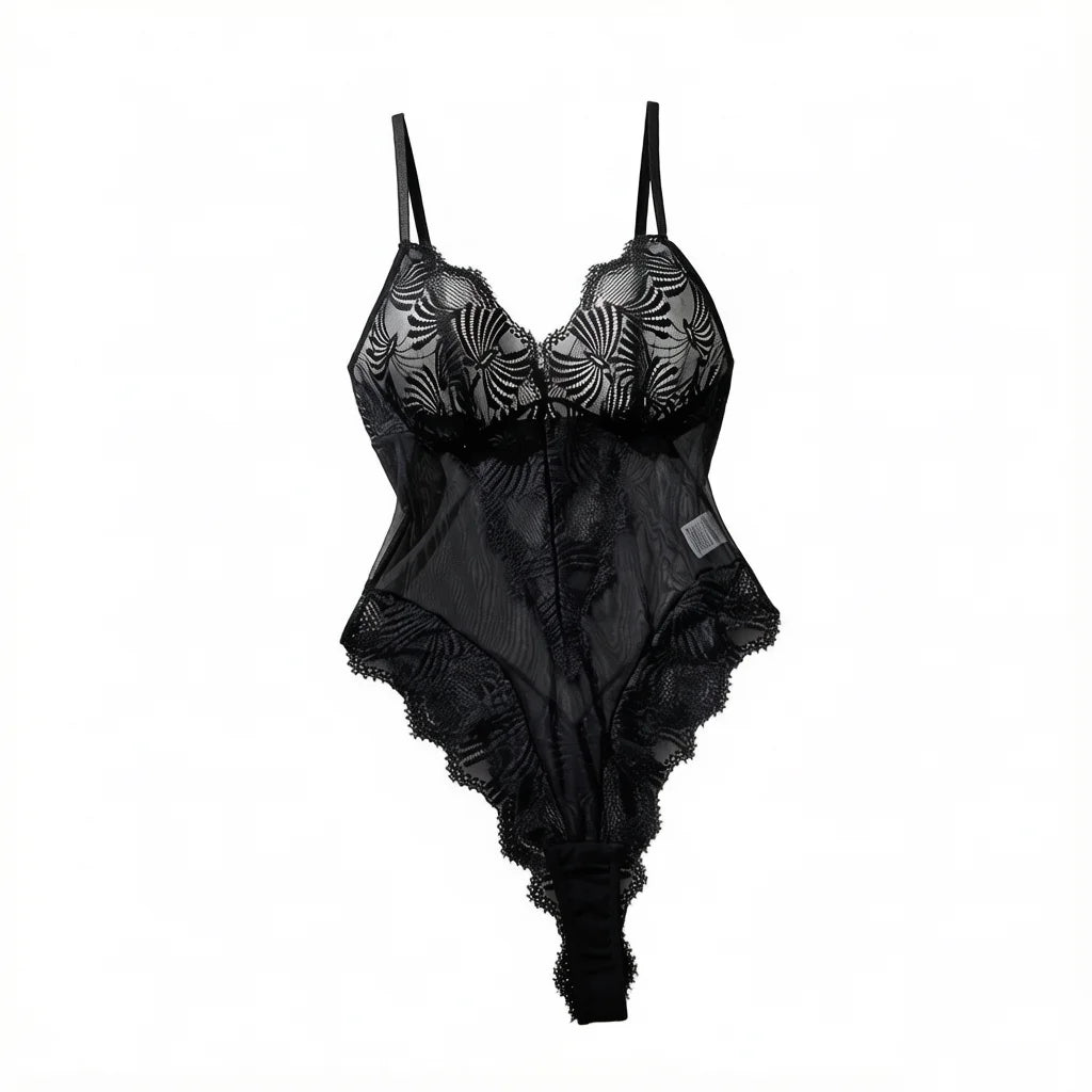 Black Sheer Mesh Teddy Bodysuit Women Floral Lace V Neck Ruffle Trim One Piece Lingerie Intimate Body Suit Sleepwear ZA825256