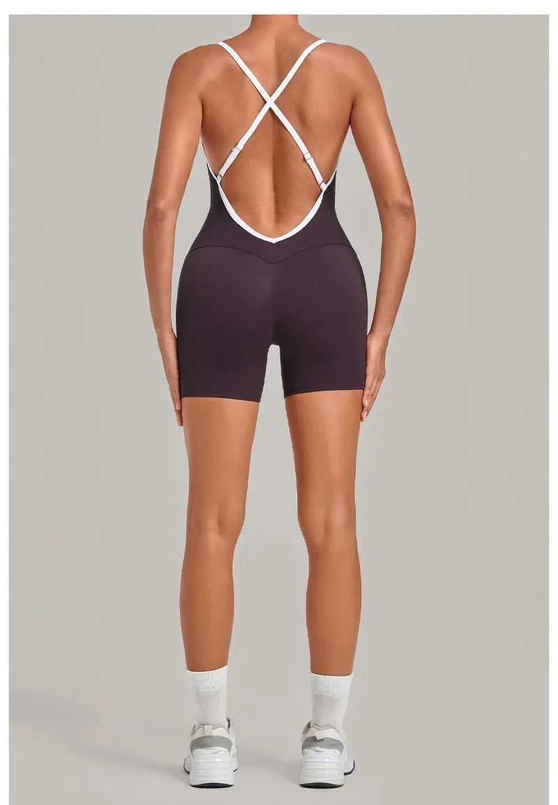 Women's Seamless Yoga Jumpsuits Fitness Sports Gym Hip-lifting Sleeveless One-piece Backless Workout Training Shorts Jumpsuit