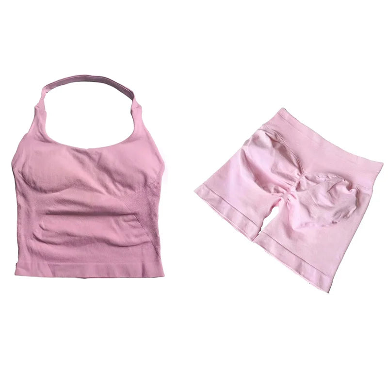 Yoga Sets Women Gym Clothes Longline Strappy Top High Waist Shorts Activewear 2 Piece Set Fitness Suit Running Workout Suits