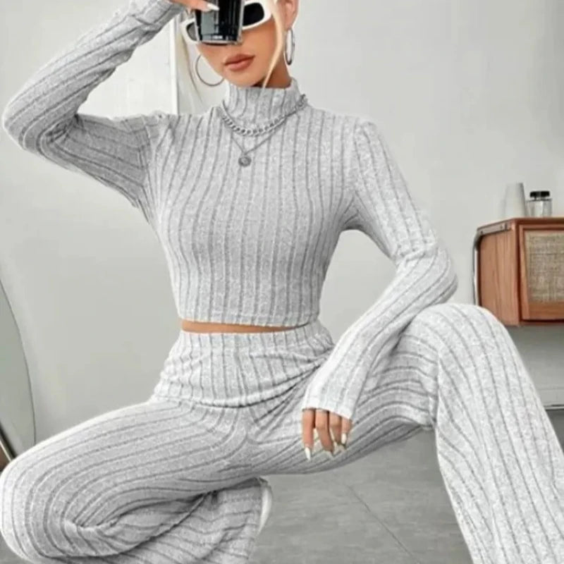 Stand Collar Navel T-shirt and Trumpet pants