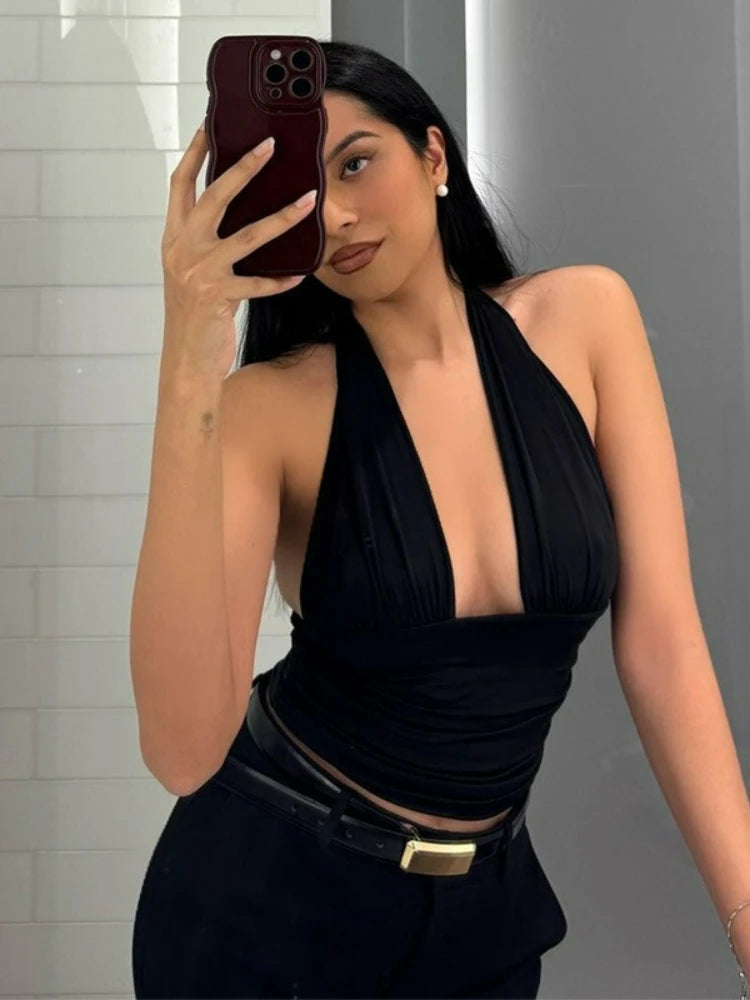 FDYOUI Sexy Deep V-neck Bandage Solid Crop Tops Women's 2026 Summer Halter Off Shoulder Sleeveless T-shirt Vacation Corset Top