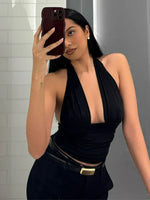 FDYOUI Sexy Deep V-neck Bandage Solid Crop Tops Women's 2026 Summer Halter Off Shoulder Sleeveless T-shirt Vacation Corset Top