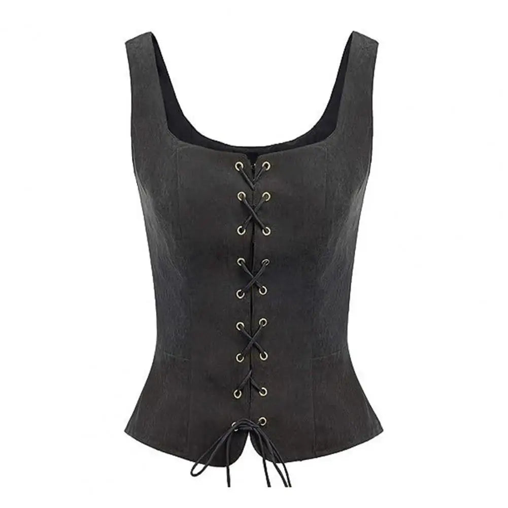 Women Vest Lace-up Strap Renaissance Vinatge Square Neck Sleeveless Medieval Slim Fit Halloween Cosplay Performance Top