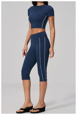 Color Blocked Yoga Suit Women Tracksuit Short Sleeve Shock-absorbing Sports T Shirts High Waist Pants Gym Running Fitness Suits