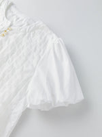 Summer Women's Ruched White Shirts Solid Color Bubble Short Sleeve Button Down Tops Casual Fashion Blouse