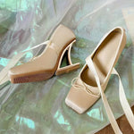 2025 Brand New Summer y2k Pink Square Toe Ballet Shoes Women Ribbon Lace-up Hollow out Wedge High Heels Party Pumps Daily Life