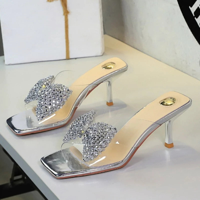 BIGTREE New Crystal Slippers Shoes Women Fine High Heels Transparent Sandals Female Slippers Sexy Outside Beaded Beach Shoes