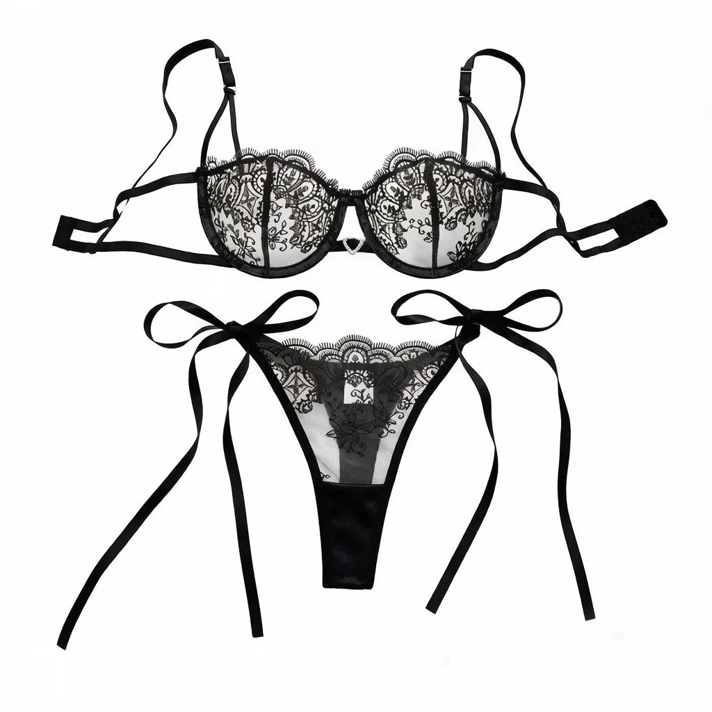 Pure black lace strap lingerie set - Sexy mature style net fabric embroidery 3/4 cup shaping bra thong set ZA825201
