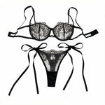 Pure black lace strap lingerie set - Sexy mature style net fabric embroidery 3/4 cup shaping bra thong set ZA825201