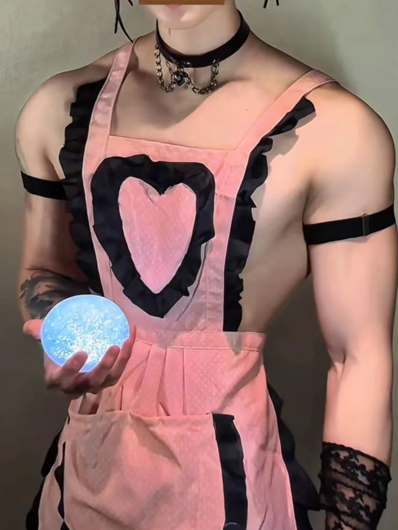 Sexy Women's Erotic Set Male Servant Uniform Men's Cosplay Charming Backless Deep V Suspenders Sleeveless Bowknot Dress AEUI