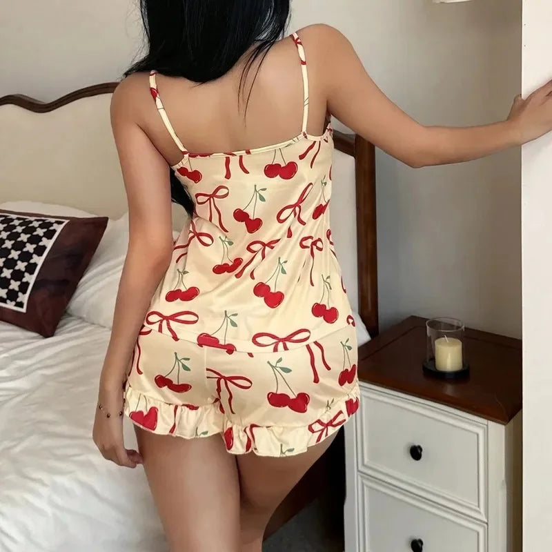 Summer New Women's Pajama Set Cherry Print Breathable Soft Casual Print Cami Top and Ruffle Shorts Sweet Home Strap Shorts