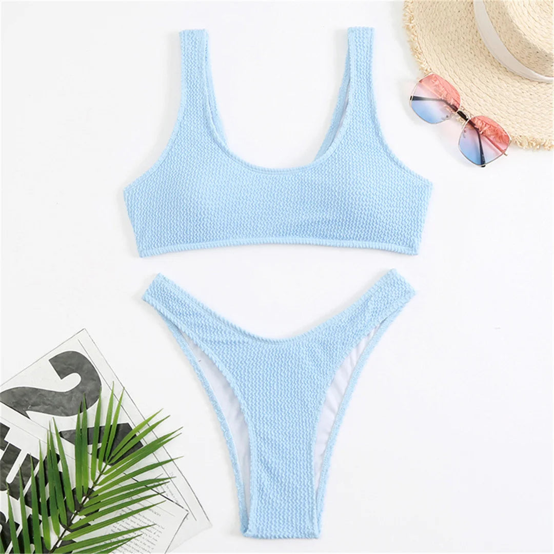 8 Colors High Cut Wrinkled Crinkled Bikini Female Swimsuit Two-Pieces Bikini Set Women Swimwear Bather Bathing Suit Swim V3461C