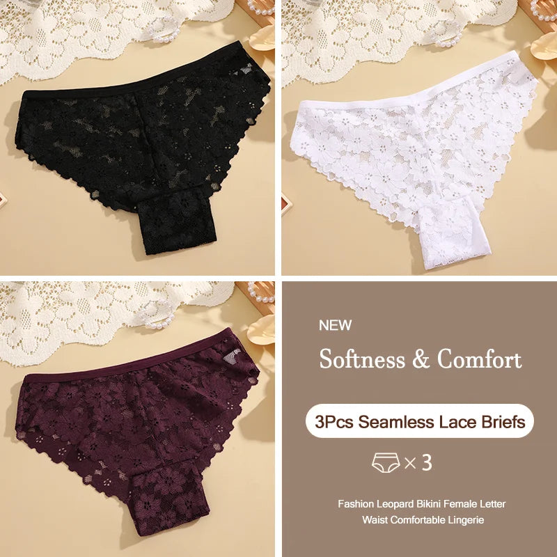 3Pcs Lace Sexy Transparent Panty Women's Panties Sexy Breathable Pink-Brown Series Underwear Female Low Waist Soild Lingerie