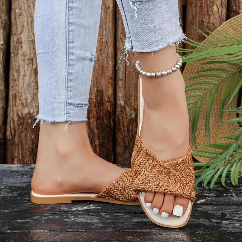 Women Open Toe Weave Slippers Ladies Outdoor Soft SoleFlats 2026 New Summer