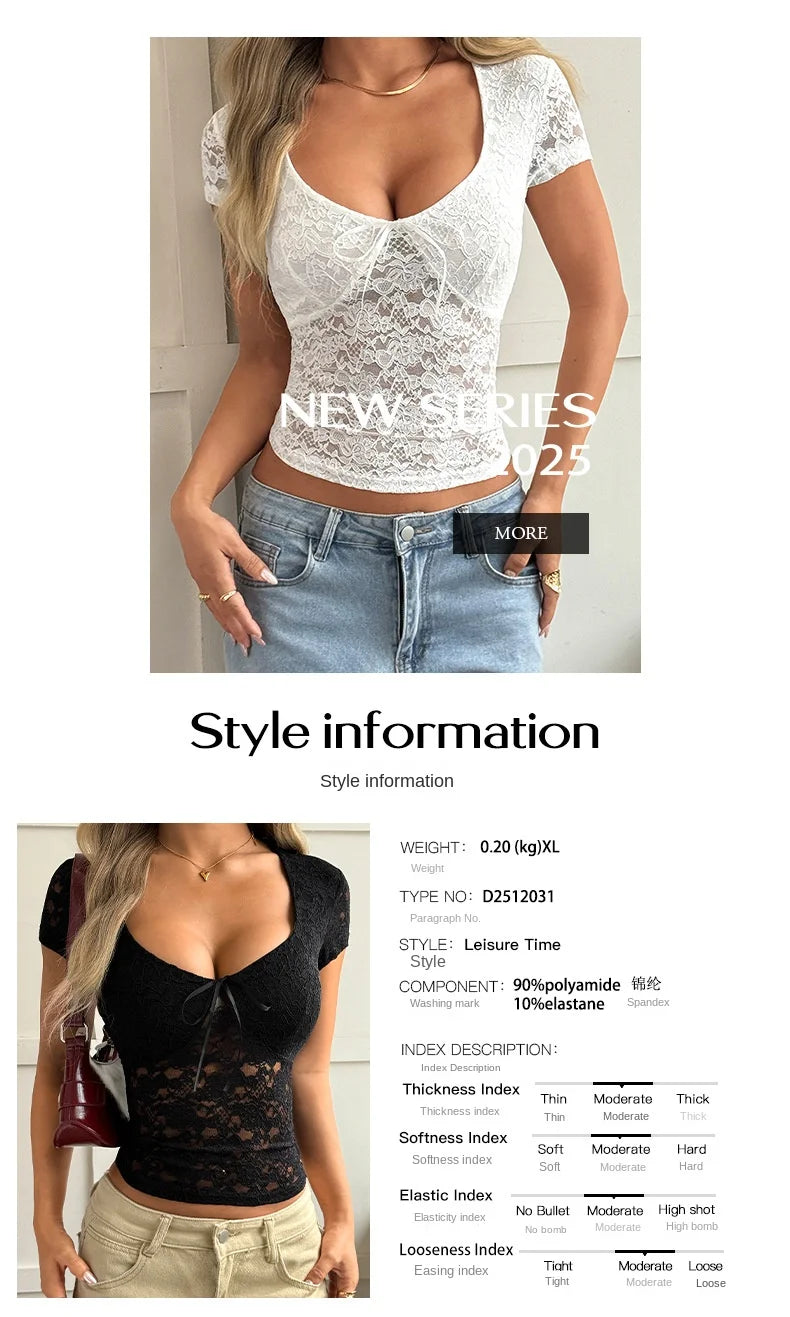 Phantasy Women's Lace Short Sleeve Shirt Sexy Hot Girl Y2K V-Neck Slim Top Bow Knitted Low Cut Short Top Summer Women Clothing